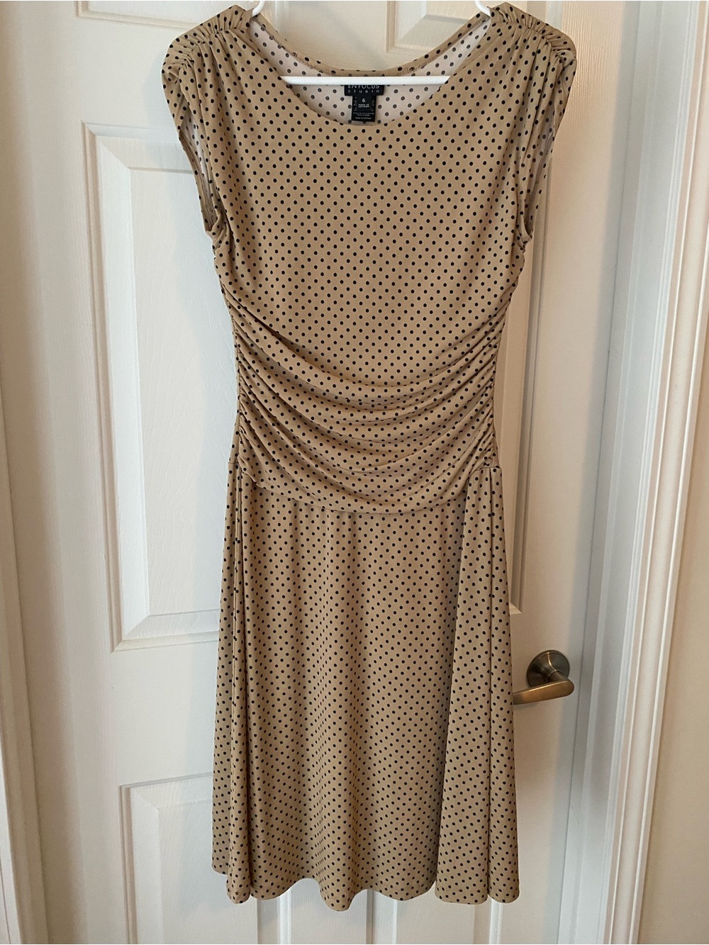 Enfocus Studio Beige Polka Dot Ruched Waist Dress